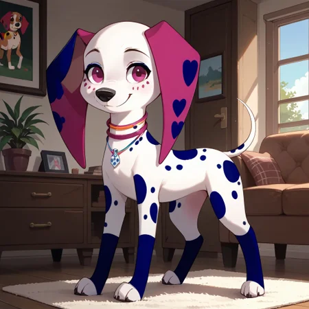 score_9, score_8_up, score_8, score_7, source_cartoon, Jessi(JD), Solo, feral, 1girl, female furry, dog, dog girl, dalmatian, white and black hair, spotted fur, dog tail, pink ears, pink eyes, black eyeshadow, black nose, three collars, full body, looking at viewer, standing, smile, eyes half closed, living room background,