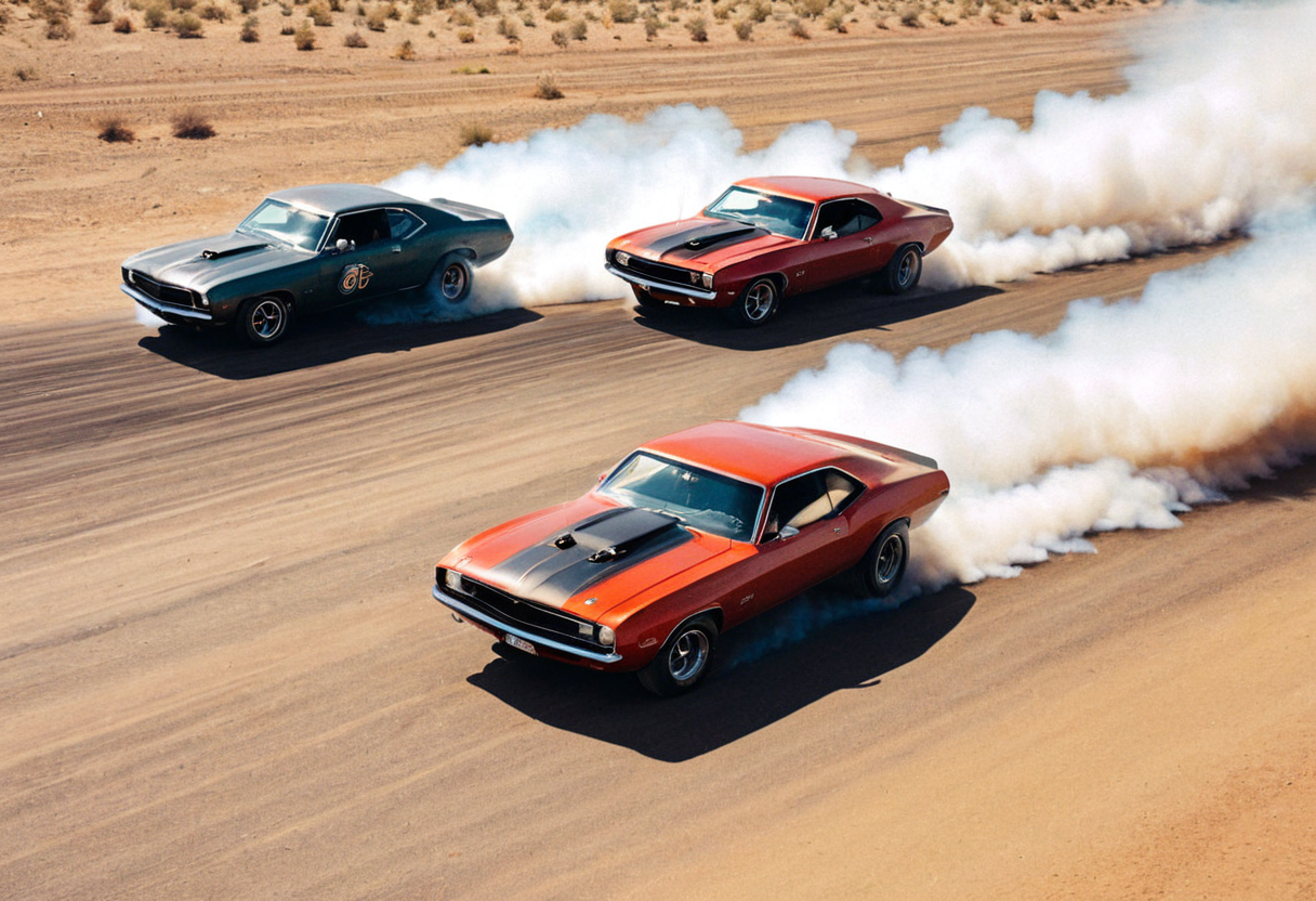 ClassicMuscleCar, ((multiple muscle cars racing)), front side view, sunny, desert, smoke trail, aerial view, motion blur, 4K, highly detailed, (stylish grainy analog 35mm film photo)