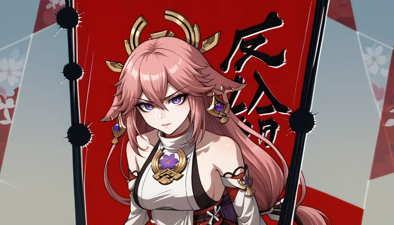 score_9, score_8_up, score_7_up, objection, upper body, multicolored background, red background, kanji, <lora:Danganronpa3ObjectionCutIn_pdxl_Incrs_v1:1>, yae miko,