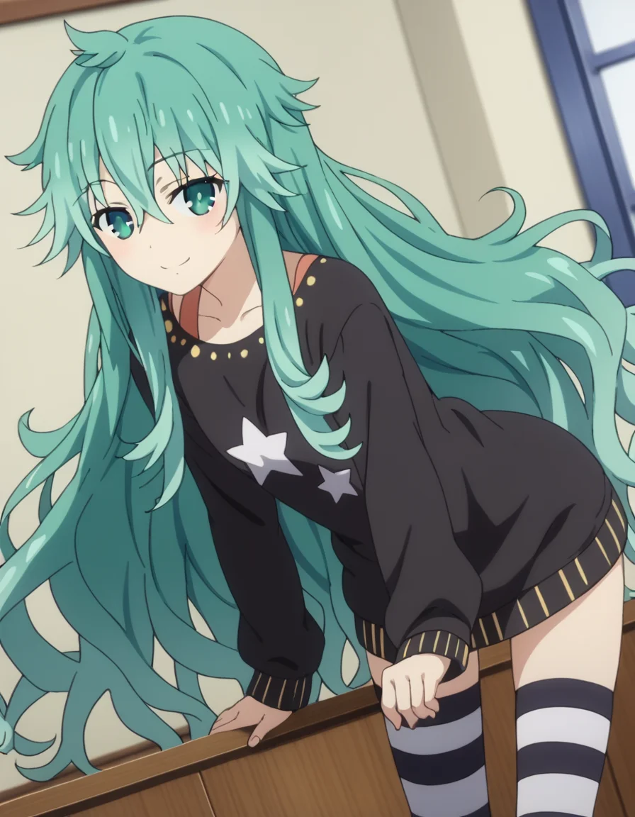 score_9, score_8_up, score_7_up, source_anime,
natsumikyouno, <lora:natsumi-kyouno-s4s5-ponyxl-lora-nochekaiser:1>,
natsumi kyouno, long hair, very long hair, green hair, aqua hair, green eyes,
thighhighs, long sleeves, striped, star \(symbol\), sweater, striped thighhighs, star print,
indoors, bent over, smile,
looking at viewer, solo, cowboy shot, dutch angle,