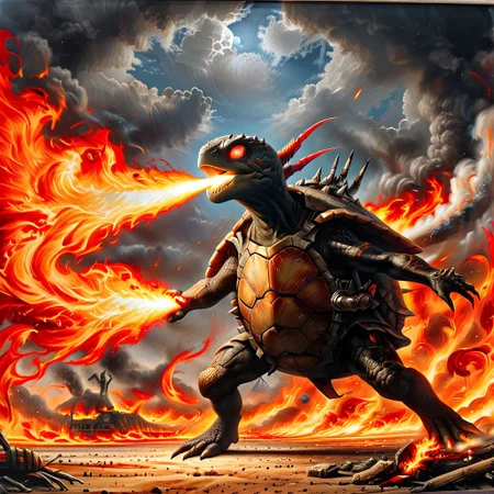 action photo, uhd (3d framed), intricate details, extremely detailed, masterpiece, masterpiece ,crazy turtle holds the flamethrower forward, 8k,F2.8, <lora:FireBreath:0.8>,<lora:The_Dark_Side_of_the_Earth:0.6>,