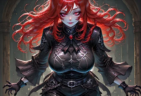 very aesthetic, masterpiece, best quality, highres, absurdres, amazing quality, high resolution, 1girl, solo, medieval background, detailed eyes, perfect eyes, expressive eyes, Expressiveh, vivid colors, realistic lighting, perfect anatomy
Red Eyes, long hair, red hair, pale skin, voluptuous, cellulite, chubby, large breasts, ((uneven eyes)), freckles, lots of freckles, crazy eyes
black gloves, sharp fingers, black shirt, button up shirt, button down shirt, black ascot, black frills, buttons, wide sleeve cuffs, black belt, black cuffs, gambeson, black leggings