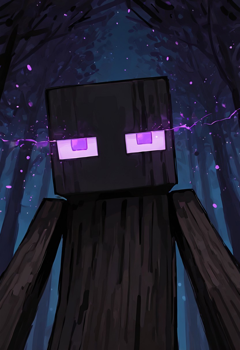 masterpiece, best quality, amazing quality, very aesthetic, absurdres, newest, , detailed background, 
klskx
enderman, no humans, purple eyes, rectangle eyes, , solo, male focus, black skin, no mouth, square head, square body, black head , pokemon (creature), 
night forest, dark wood, glowing eyes, close up, looking at viewer, big head, purple square particles,