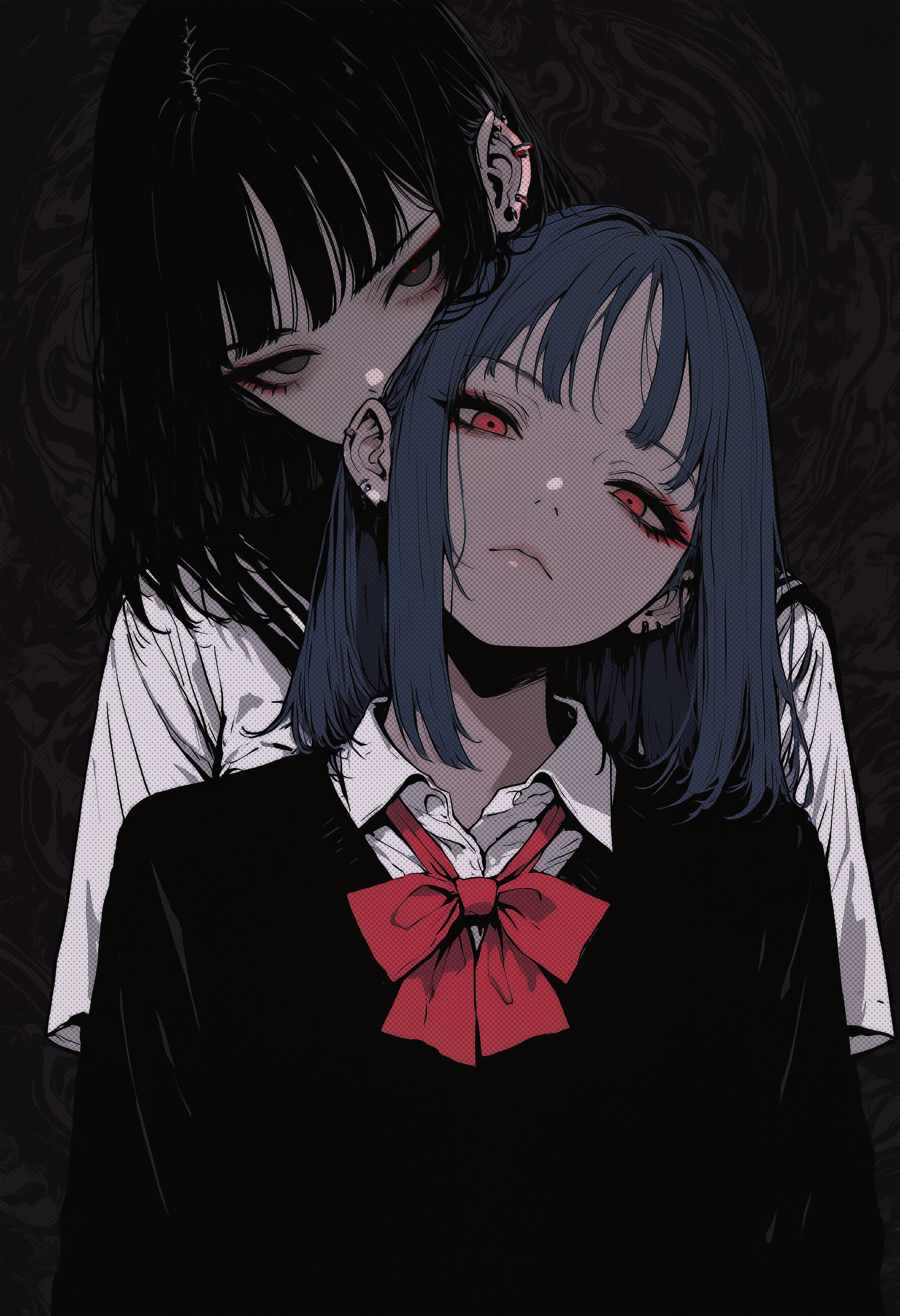 masterpiece, very awa, amazing quality, best quality, newest, highres, absurdres, 2girls, medium hair, long hair, blue hair, black hair, red eyes, black eyes, eyeliner, ear piercing, school uniform, white shirt, red bow, hug from behind, head on another's shoulder, head tilt, looking at viewer, expressionless, upper body, straight-on, abstract background, dark theme, Sinozick_illu, <lora:NOOB_vp1_detailer_by_volnovik_v1:0.3> <lora:ponyv6_noobV1_2_adamW-000017:0.3> <lora:illustriousXL_stabilizer_v1.23:0.3> <lora:dhjs_0010-waiNSFWIllustrious_v110_V1-CAME:0.6> <lora:Sinozick_style-:0.8> <lora:MelancholyAnime:0.5> <lora:ma1ma1helmes_b-000014:0.4> <lora:mon_monmon2133:0.3>