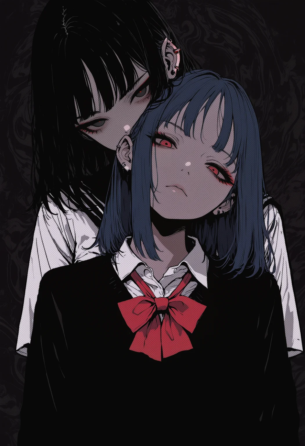 masterpiece, very awa, amazing quality, best quality, newest, highres, absurdres, 2girls, medium hair, long hair, blue hair, black hair, red eyes, black eyes, eyeliner, ear piercing, school uniform, white shirt, red bow, hug from behind, head on another's shoulder, head tilt, looking at viewer, expressionless, upper body, straight-on, abstract background, dark theme, Sinozick_illu, <lora:NOOB_vp1_detailer_by_volnovik_v1:0.3> <lora:ponyv6_noobV1_2_adamW-000017:0.3> <lora:illustriousXL_stabilizer_v1.23:0.3> <lora:dhjs_0010-waiNSFWIllustrious_v110_V1-CAME:0.6> <lora:Sinozick_style-:0.8> <lora:MelancholyAnime:0.5> <lora:ma1ma1helmes_b-000014:0.4> <lora:mon_monmon2133:0.3>