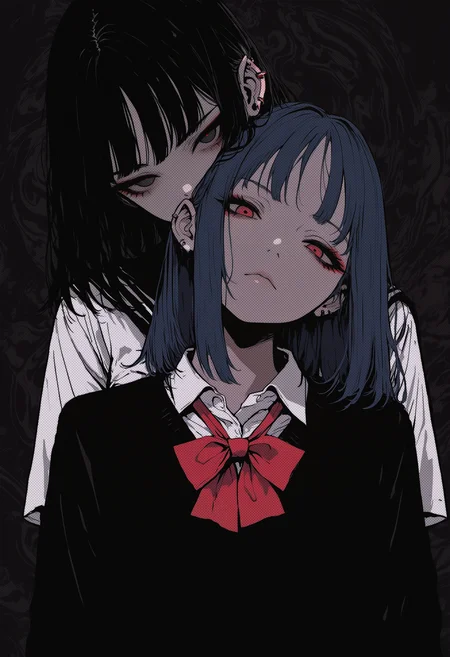 masterpiece, very awa, amazing quality, best quality, newest, highres, absurdres, 2girls, medium hair, long hair, blue hair, black hair, red eyes, black eyes, eyeliner, ear piercing, school uniform, white shirt, red bow, hug from behind, head on another's shoulder, head tilt, looking at viewer, expressionless, upper body, straight-on, abstract background, dark theme, Sinozick_illu, <lora:NOOB_vp1_detailer_by_volnovik_v1:0.3> <lora:ponyv6_noobV1_2_adamW-000017:0.3> <lora:illustriousXL_stabilizer_v1.23:0.3> <lora:dhjs_0010-waiNSFWIllustrious_v110_V1-CAME:0.6> <lora:Sinozick_style-:0.8> <lora:MelancholyAnime:0.5> <lora:ma1ma1helmes_b-000014:0.4> <lora:mon_monmon2133:0.3>