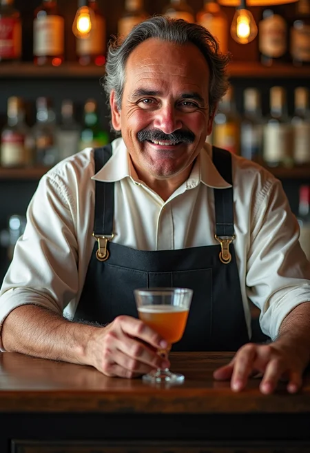 yfg-l3ms, YFG-Th3Dud3 a grizzled 57-year-old bartender in a small-town saloon, polishing a glass, wearing suspenders and a calm smile
