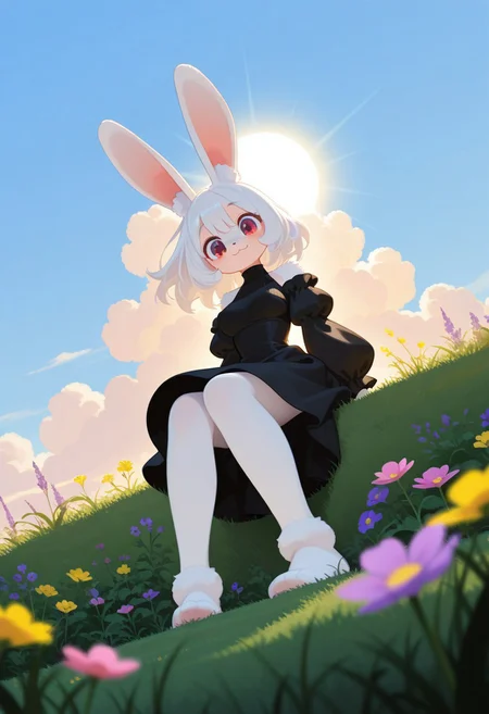 masterpiece, best quality, amazing quality, very aesthetic, high resolution, ultra-detailed, absurdres, newest, scenery, 1girl, furry, anthro, solo, rabbit girl, clothed, body fur, white rabbit, white fur, fluffy, medium breasts, long white hair, floating hair, looking at viewer, head tilt, red eyes, big eyes, luxurious turtleneck gothic puffy detached sleeve black dress, off-shoulder, long rabbit ears,
smile, :3, sitting, outdoors, sky, day, sun, cloud, blue sky, grass, flower, pink flower, yellow flower, purple flower, Blurred foreground,
from below, Dutch angle, Wide Shot, Full body, (haiz_ai, no lineart, no outline), bright colors, simple background, shadow, backlighting,