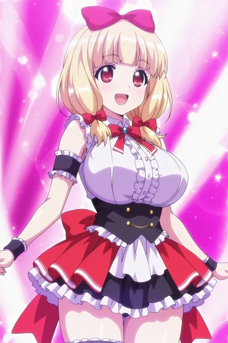 anime screencap, anime coloring, detailed face, masterpiece, best quality, very aesthetic, absurdres, volumetric lighting, official style, amazing quality, ultra detailed,  highres, amazing quality, scenery, beautiful detailed hair, beautiful detailed eyes,
<lora:StS-Illustrious-Detail-Slider-v1.0:4>
 <lora:Honoo_no_Haramase_Paidol_MyStar_Gakuen_Z_The_Animation_r1:1>
on a stage,
Kobato Hinagata (character), breasts, 1girl, blonde hair, medium hair, red eyes, hair bow,  red bow, large breasts, smile, arm garter, idol outfit, solo, long hair, ribbon, :D, cowboy shot