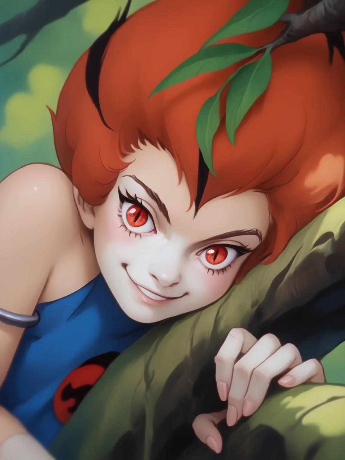 score_9, score_8_up, score_7_up, <lora:10_wilykit_pdxl_16:1> 1girl, solo, w1lyk1t, black striped red hair, red eyes, slit pupils, w1lyk1t tunic, bare shoulder, laying on branch, smile