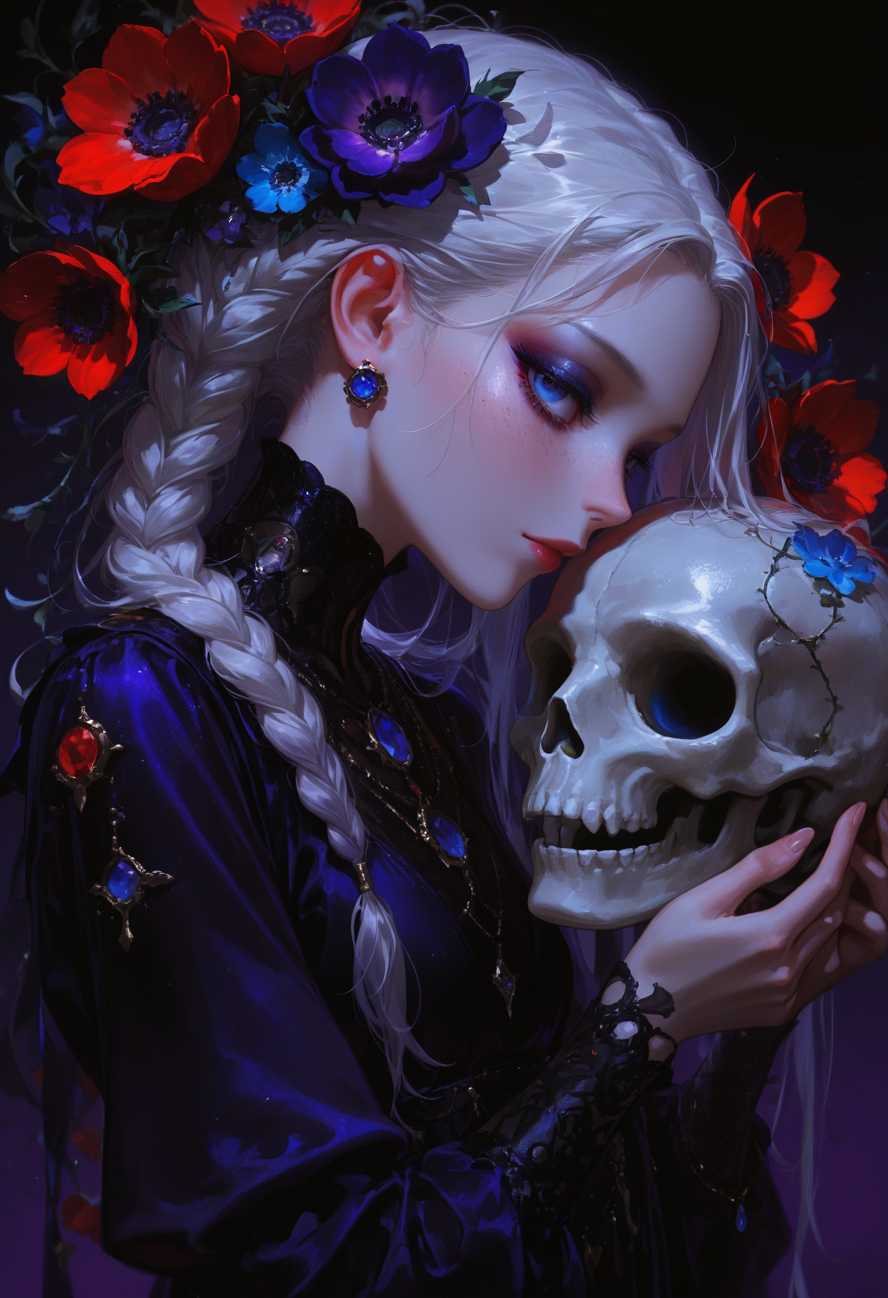 masterpiece, best quality, good quality, very awa, very aesthetic, absurdres, newest, 1girl, solo, long_hair, looking_at_viewer, blue_eyes, simple_background, hair_ornament, dress, holding, closed_mouth, jewelry, upper_body, white_hair, braid, flower, hair_flower, necklace, black_dress, fingernails, eyelashes, lips, single_braid, profile, makeup, black_background, red_flower, gem, lipstick, eyeshadow, blue_flower, freckles, skull, purple_flower, pink_lips, eyeliner, red_lips, red_eyeshadow, blue_gemstone, skeleton, orange_flower, mascara, blue_eyeshadow, purple_eyeshadow, holding_skull, runny_makeup, anemone_\(flower\), opill,realistic
