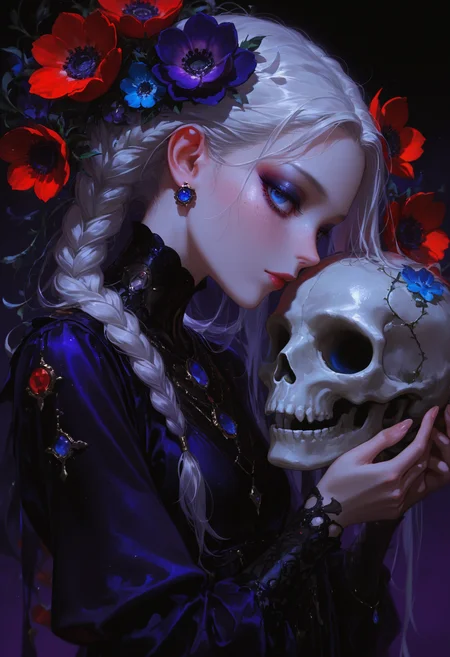 masterpiece, best quality, good quality, very awa, very aesthetic, absurdres, newest, 1girl, solo, long_hair, looking_at_viewer, blue_eyes, simple_background, hair_ornament, dress, holding, closed_mouth, jewelry, upper_body, white_hair, braid, flower, hair_flower, necklace, black_dress, fingernails, eyelashes, lips, single_braid, profile, makeup, black_background, red_flower, gem, lipstick, eyeshadow, blue_flower, freckles, skull, purple_flower, pink_lips, eyeliner, red_lips, red_eyeshadow, blue_gemstone, skeleton, orange_flower, mascara, blue_eyeshadow, purple_eyeshadow, holding_skull, runny_makeup, anemone_\(flower\), opill,realistic