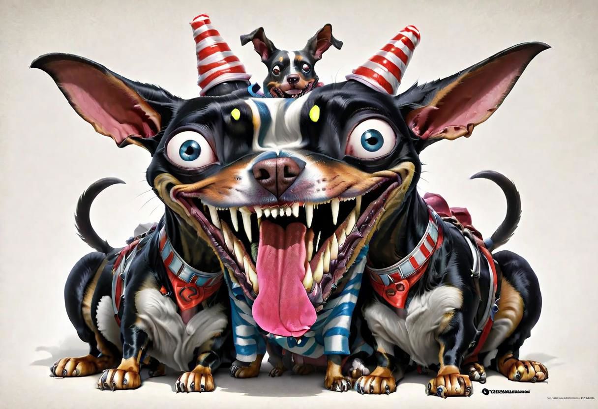 photorealistic high details, macro shoot of siamese twins fleshmutant skinny fuzzy baby mooron mad random color smiling lady dobermann full tail and full ginormous ears, shortest legs, high with meth, striped black and white, dog abomination with huge eyes , wearing an italian fancy hat,art by pixar , biotech inserts, fighting a big rabbit hidden in a hole in the big yellow wall, all inside an italian gim <lora:Fleshmutant_R2-000003:1>