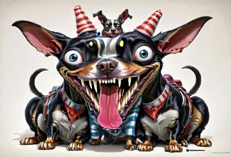 photorealistic high details, macro shoot of siamese twins fleshmutant skinny fuzzy baby mooron mad random color smiling lady dobermann full tail and full ginormous ears, shortest legs, high with meth, striped black and white, dog abomination with huge eyes , wearing an italian fancy hat,art by pixar , biotech inserts, fighting a big rabbit hidden in a hole in the big yellow wall, all inside an italian gim <lora:Fleshmutant_R2-000003:1>