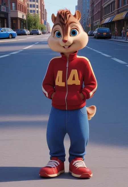 Score_9, score_8_up, score_7_up, source_furry, Alvin Seville, chipmunk, chipmunk male, furry male, furry, 3d, render, movie screencap, blue eyes, red track suit jacket , blue jeans, sneakers, tail, hands in pockets, New York, City, buildings, streets, sidewalk, standing , looking at viewer, <lora:Alvin _Seville __Alvin_and_the_Chipmunks__CG_Movie_version:0.8>
