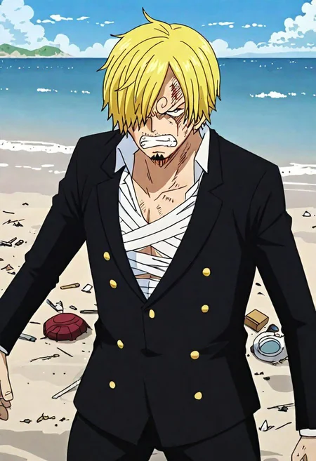 New, MiddleShot,Angry,Blackclothes,Injured, in beach, 8k Detailed face, detailed background ,detailed body