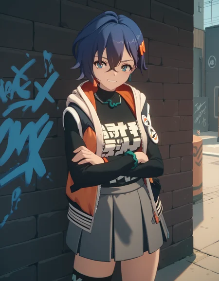 score_9, score_8_up, score_7_up, <lora:zzz-siblings-ponyxl:1> belle, hooded jacket, black shirt, skirt, asymmetrical legwear
1girl, solo, smirk, graffiti, aerosol, crossed arms, wall, alley, looking back