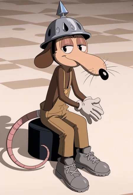 score_9, score_7_up, (masterpiece, extreme detail, best quality), solo focus, male, Werner Werman, mouse, black eyes, brown fur, whiskers, pointy nose, spiked helmet, rat tail, light brown overalls, lederhosen, grey footwear, grey shoes, perfect hands, white gloves, cartoon gloves, full-length portrait, skinny, petite, sitting, smile, half-closed eyes, smug, looking at viewer, flirty pose, source_photo, extremely detailed, pattern background, shadow, shading, hyperrealistic, bandaged tail