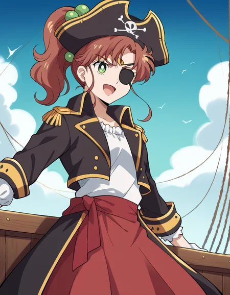 score_9, score_8_up, score_7_up, source_anime, <lora:makoto-kino-eternal-movie1-ponyxl-lora-nochekaiser_r1:1>, makoto kino, brown hair, circlet, green eyes, hair bobbles, hair ornament, medium hair, ponytail, sidelocks, parted bangs,, <lora:pirate-costume-ponyxl-lora-nochekaiser:1>, pirate costume, pirate hat, skirt, gloves, jacket, shirt, eyepatch,, blue sky, sea, ocean, pirate ship, treasure, gold, smug, open mouth, from below, sitting,, cowboy shot