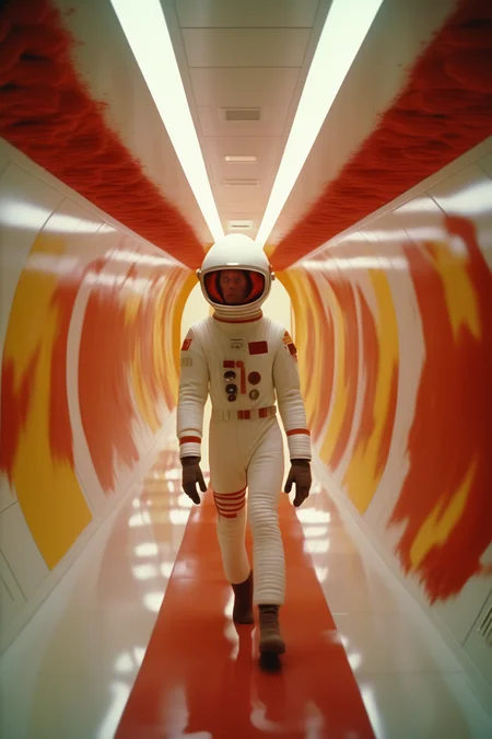 <lora:Director Stanley Kubrick style:1>Director Stanley Kubrick style - 2001 a space oddisey spaceship white corridor, white lights, running to the camera in the middle of the corridor with a red astronaut suit, with some red and yellow moss growing on the walls, photorrealistic, 8k, photographed on 35mm film Kodak Gold ISO 200