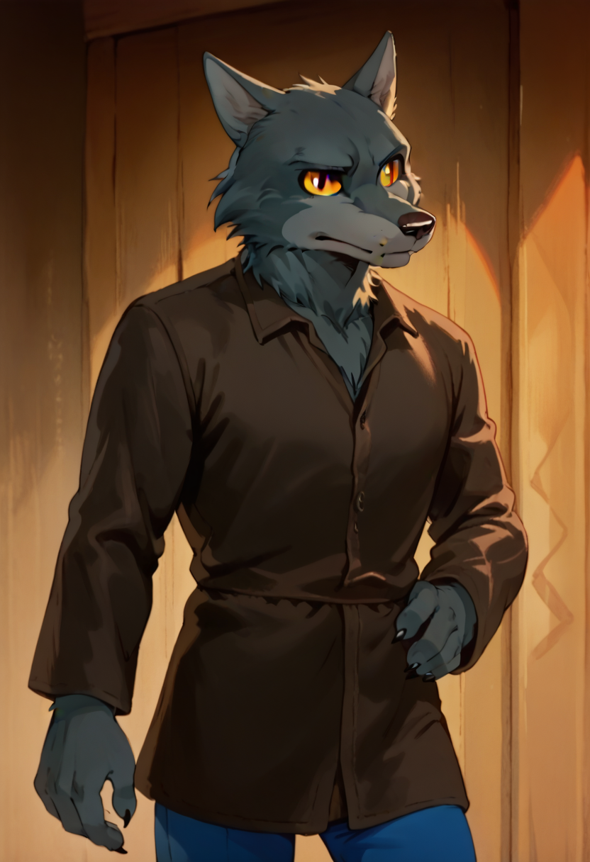 score_9, score_8_up, score_7_up, w0lf, 1boy, solo, male focus, furry, wolf, yellow sclera, grey fur, closed mouth, brown shirt, blue pants, cowboy shot,