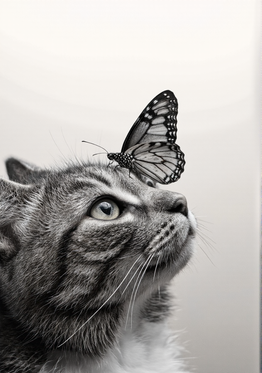 A cinematic photo. A black and white photograph featuring a close-up of a cat's face with a monarch butterfly perched on its head. the cat appears to be a tabby with gray fur and white whiskers, looking up at the butterfly with a curious expression. on the top of the cat's head, a small black butterfly with translucent wings rests delicately on its nose. the background is a simple gradient of light grey to white, providing a subtle contrast to the otherwise monochromatic image. the image is a monochrome, minimalist style with a focus on the cat and the butterfly, creating a sense of intimacy and connection between the animals. the focus is selectively placed on the butterfly and the cat, highlighting the intricate details of the butterfly's wings and the texture of its fur.