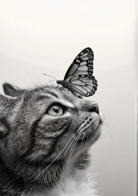 A cinematic photo. A black and white photograph featuring a close-up of a cat's face with a monarch butterfly perched on its head. the cat appears to be a tabby with gray fur and white whiskers, looking up at the butterfly with a curious expression. on the top of the cat's head, a small black butterfly with translucent wings rests delicately on its nose. the background is a simple gradient of light grey to white, providing a subtle contrast to the otherwise monochromatic image. the image is a monochrome, minimalist style with a focus on the cat and the butterfly, creating a sense of intimacy and connection between the animals. the focus is selectively placed on the butterfly and the cat, highlighting the intricate details of the butterfly's wings and the texture of its fur.