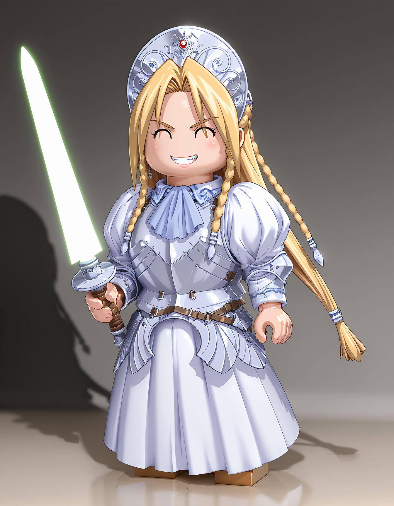 masterpiece, best quality, amazing quality, ultra high res, photorealistic, ultra detailed, legominifig,
 1girl, chibi, solo, iria(ryouki_ii), blonde hair, long hair, twin braid, (^ ^:1.4), detailed face, detailed skin, large breasts, BREAK 
armored dress, 
clenched teeth, looking at viewer, standing, fight, holding energy sword, realistic shadows, detailed shadow, sharp focus, depth of field, 
 <lora:iria(ryouki_II) v1.0-000014:1>  <lora:LegoMinifigV10IllustriousXL:1>