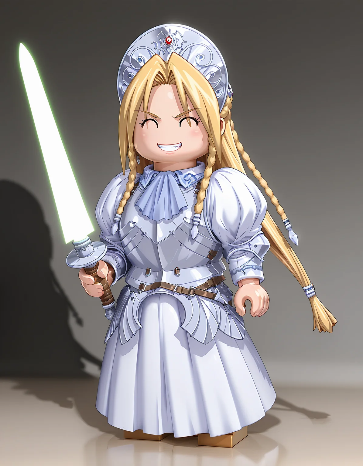 masterpiece, best quality, amazing quality, ultra high res, photorealistic, ultra detailed, legominifig,
1girl, chibi, solo, iria(ryouki_ii), blonde hair, long hair, twin braid, (^ ^:1.4), detailed face, detailed skin, large breasts, BREAK
armored dress,
clenched teeth, looking at viewer, standing, fight, holding energy sword, realistic shadows, detailed shadow, sharp focus, depth of field,
<lora:iria(ryouki_II) v1.0-000014:1> <lora:LegoMinifigV10IllustriousXL:1>