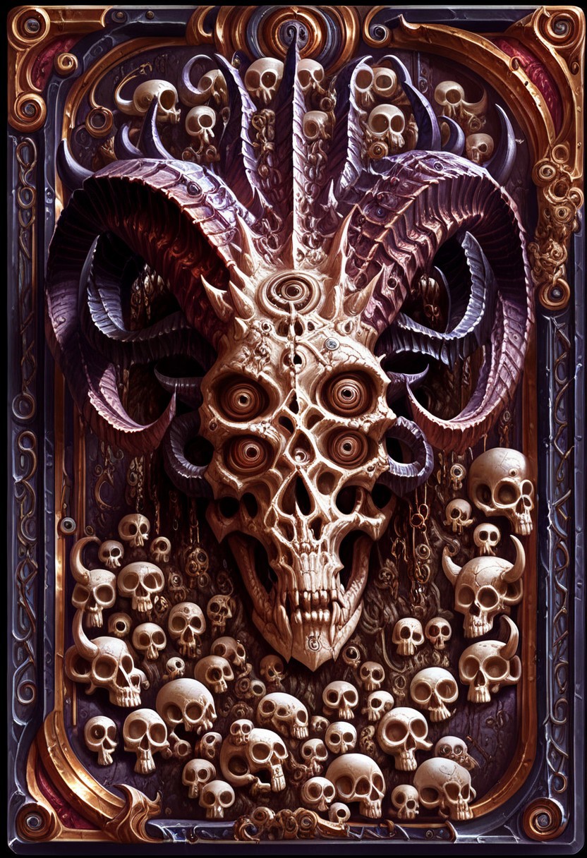 Card, Tarot, graphic border, Illustrative, Dark, porcelain, , skull, detailed, horns, ritualistic, intricate white background, geometric shapes, many eyes,
score_9, score_8_up, score_7_up,