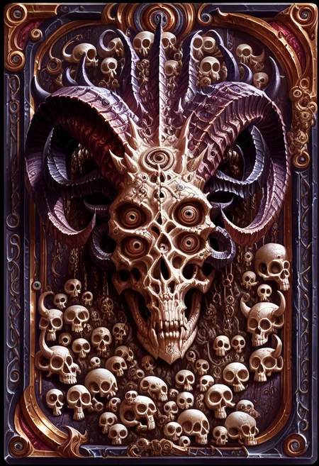 Card, Tarot, graphic border, Illustrative, Dark, porcelain, , skull, detailed, horns, ritualistic, intricate white background, geometric shapes, many eyes,
score_9, score_8_up, score_7_up,