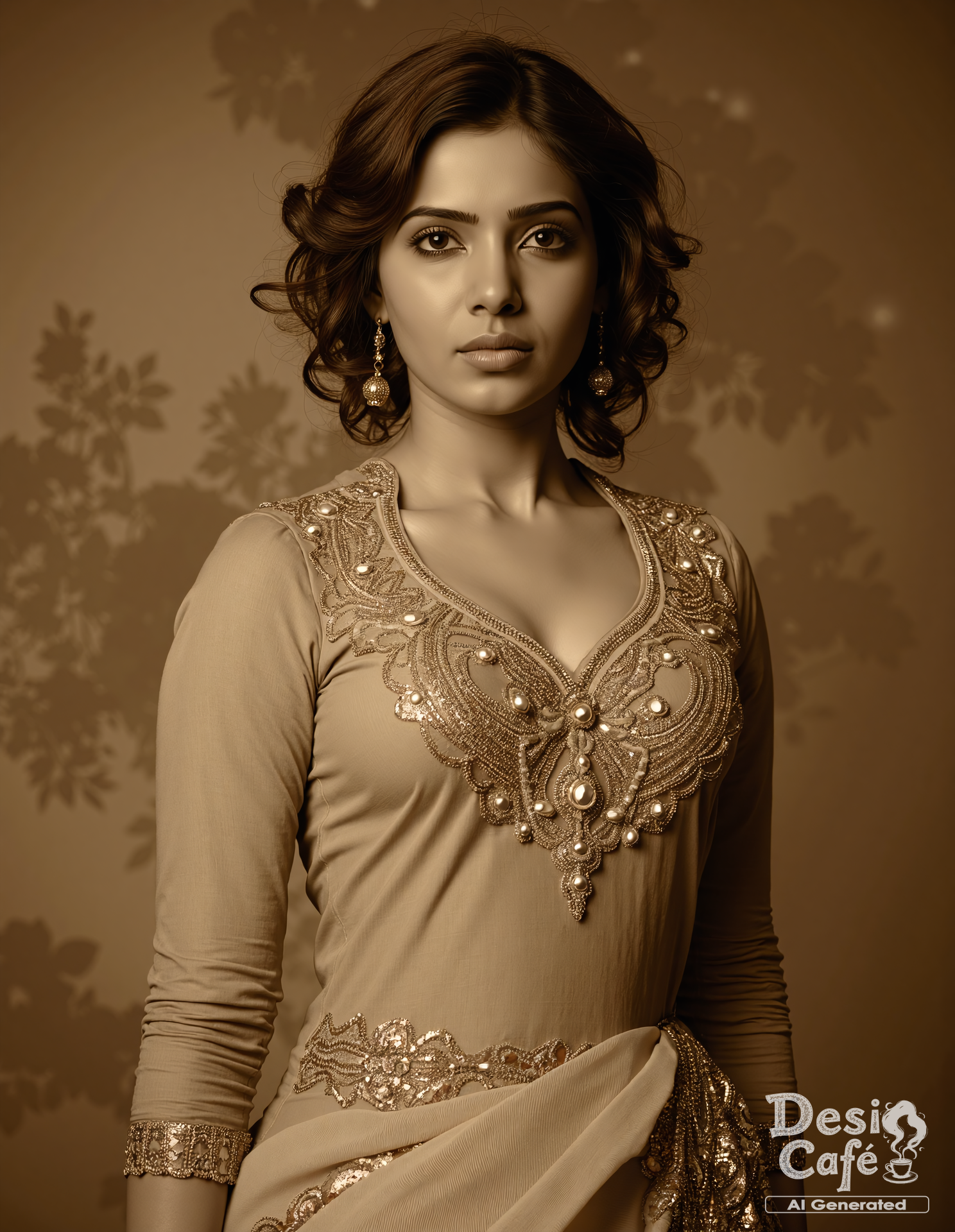 vintage sepia photo of Samantha Ruth Prabhu woman, hyper realistic photo that is safe for work, shouting, studio quality image, well dressed wearing intricate sleevelessPants_kurta, hair styled as curls,muted shaded wallpaper background that contrasts with the person, cinematic lighting,âââââ <lora:Samantha_Ruth_Prabhu_Flux_Kohya_V1-000001:0.8>âââ