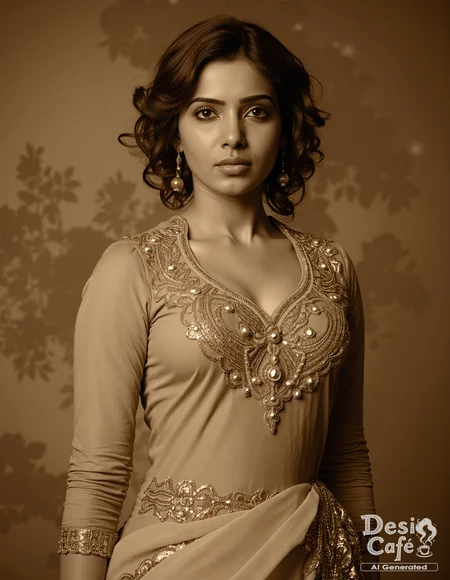 vintage sepia photo of Samantha Ruth Prabhu woman, hyper realistic photo that is safe for work, shouting, studio quality image, well dressed wearing intricate sleevelessPants_kurta, hair styled as curls,muted shaded wallpaper background that contrasts with the person, cinematic lighting,âââââ <lora:Samantha_Ruth_Prabhu_Flux_Kohya_V1-000001:0.8>âââ