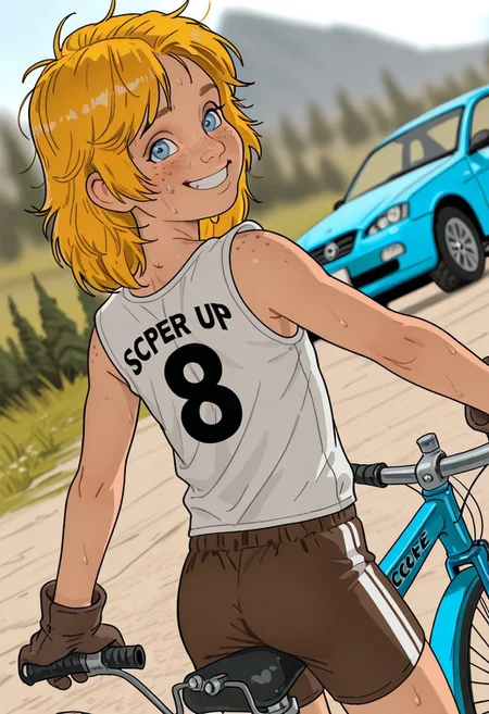 score_9, score_8_up, score_8_up, masterpiece,super detailed face, super high resolution, FaceDetail, masterpiece-level, highly detailed, intricate details, detailed background, complex background, cinematic, intricately detailed illustration, depth of field, masterpiece, best quality, amazing quality, very aesthetic, absurdres, newest, very awa, shadow,bobbythebarbarian, 1boy, solo, Young, Viking boy,Blue eyes, freckles, blonde hair,messy Hair,tousled Hair, happy, bright smile,
ultra realistic, masterpiece, high detailed skin, best quality, high res, very aesthetic, , (finely detailed face), (petite body:1.3), blurry foreground, blurry, depth of field, ground vehicle, looking at viewer, gloves,  clothes writing, bare arms, blush, white sports shirt,  sports shorts, brown hair, car, bicycle, sweat, foreshortening. relaxed, soft ambient glow, dramatic scenery, intricate details, (blurry background, depth of field:1.1),aesthetic,((dynamic dutch angle:1.5)), from behind, blurry background, bright colors, stunningly artwork