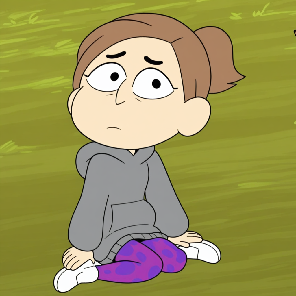 black eyebrows, white shoes, full body, Score_9, 1 girl, white skin, Solo, sitting on the floor, Light brown hair, in a forest, purple leggings with darker spots, , gray hoodie, Marie_Cotc, large black eyes