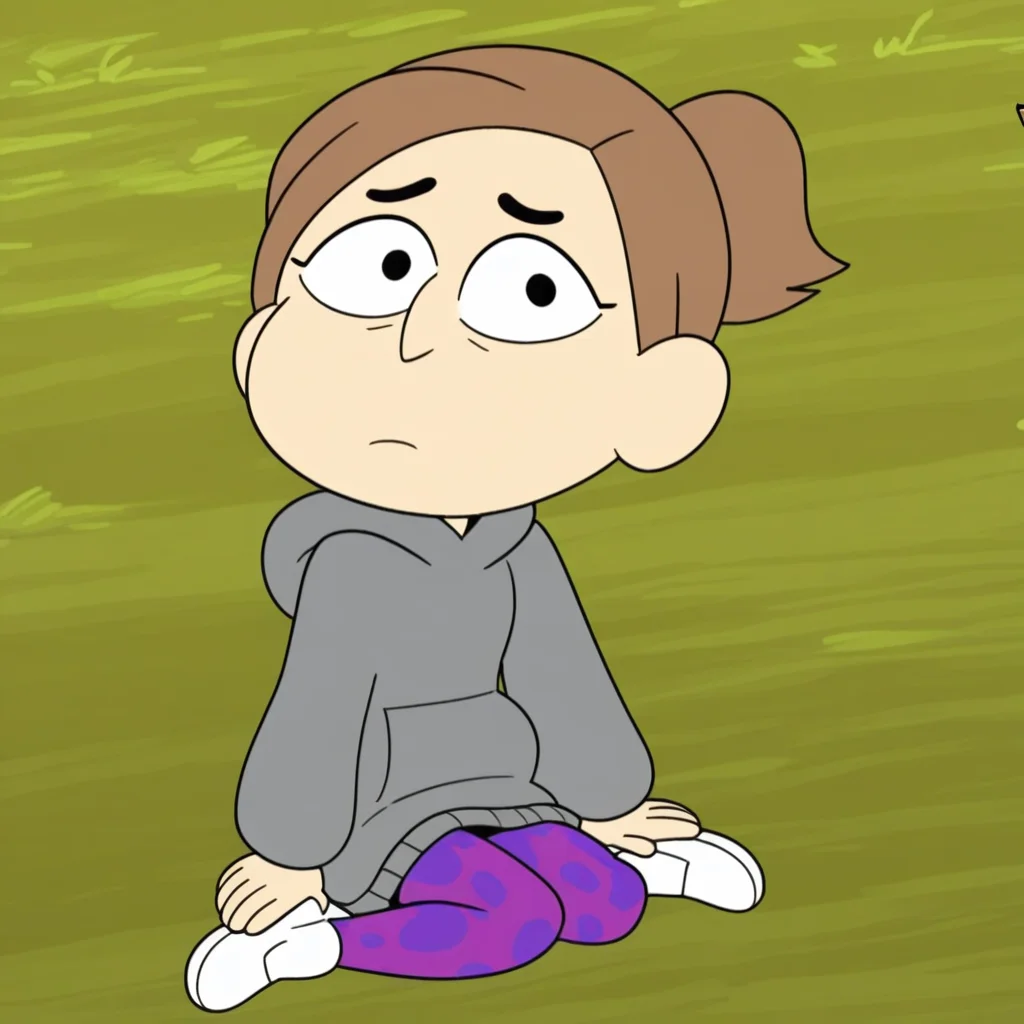 black eyebrows, white shoes, full body, Score_9, 1 girl, white skin, Solo, sitting on the floor, Light brown hair, in a forest, purple leggings with darker spots, , gray hoodie, Marie_Cotc, large black eyes