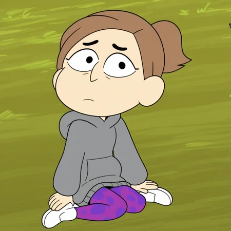 black eyebrows, white shoes, full body, Score_9, 1 girl, white skin, Solo, sitting on the floor, Light brown hair, in a forest, purple leggings with darker spots, , gray hoodie, Marie_Cotc, large black eyes