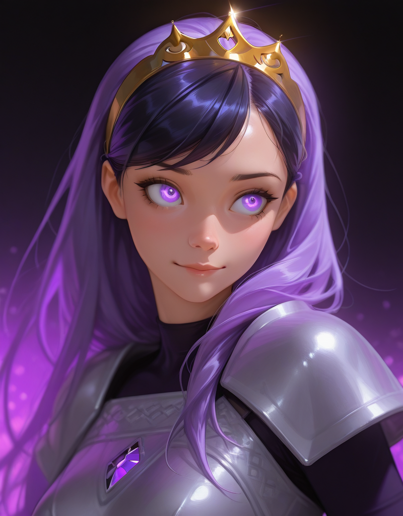 viopar, long hair, black hair, swept bangs, hairband, tiara, golden tiara, purple eyes, fantasy armor, regal full plate armor, (decorative silver and white armor), polished metal, breastplate, spaulders, purple jewelery, black undershirt, delicate features, beautiful woman, pastel, romantic soft lighting, extremely high detail, digital art style, realism of the digital picture, ultrahigh definition, anime-style, masterpiece, best quality, amazing quality, detailed eyes, high resolution, detailed face, ultra-HD, HDR, absolutely eye-catching, vibrant, intricate details, perfect composition, vibrant colors, 8K, newest, absurdres, very aesthetic, depth of field, amazing quality, RTX, ultra-detailed, masterpiece, best quality, dynamic angle, ray tracing, anime style, color theory, masterpiece, best quality, absurdres, highres, ultra-detailed, very aesthetic, sharp focus, depth of field, dark muted colors, detailed illustration, highly detailed, detailed eyes, detailed face, ambient occlusion, muted lighting, vibrant colors, traditional art, stylized as classical painting, portrait, oil painting, gothic, pink lips, medium breasts, posing for a portrait, slight smile, closed mouth, dignified expression, upper body shot, (dark abstract distant background)