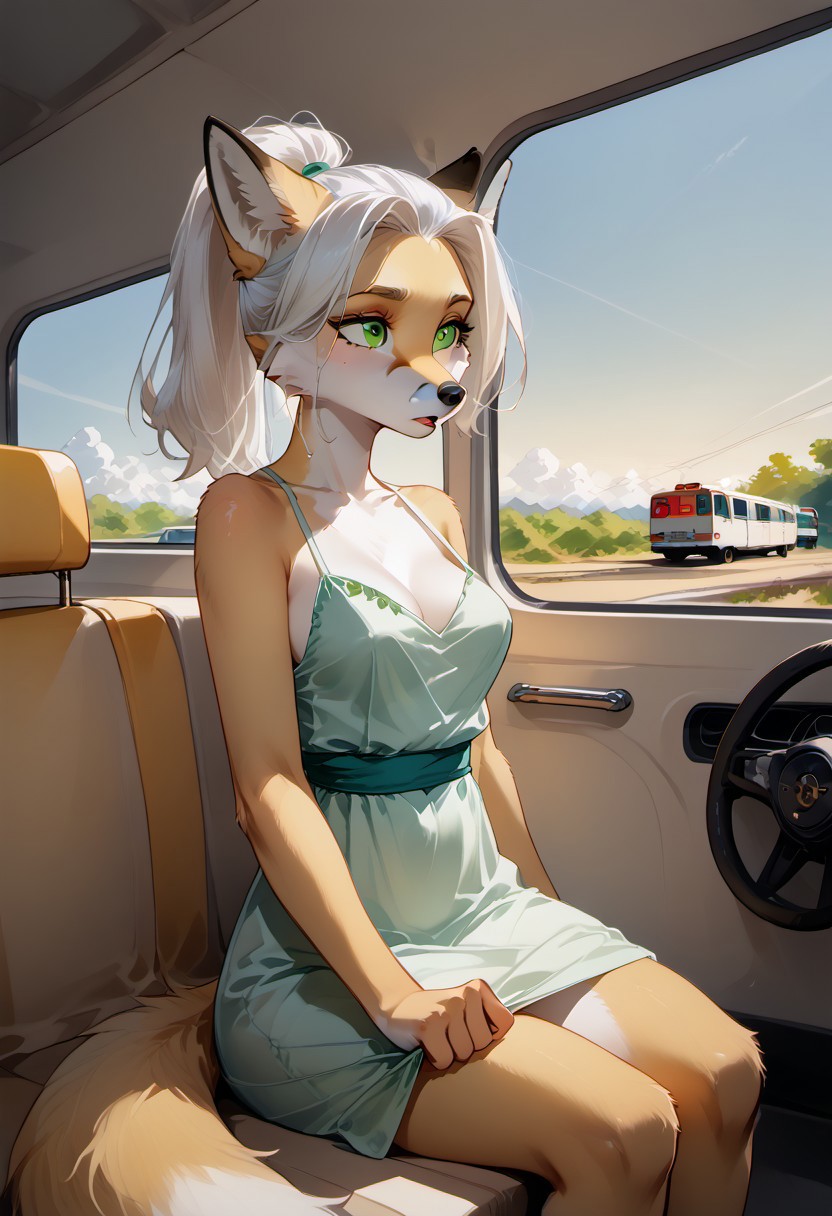 The furry is an anthropomorphic fox (female) with turquoise-colored fur, white hair pulled back in a ponytail, and green eyes. He sits in the compartment car of the train, looking thoughtfully out the window. She is wearing an airy white summer dress.
