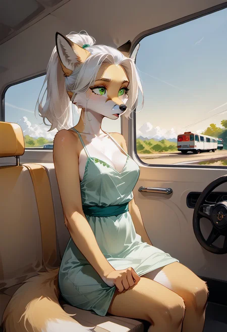 The furry is an anthropomorphic fox (female) with turquoise-colored fur, white hair pulled back in a ponytail, and green eyes. He sits in the compartment car of the train, looking thoughtfully out the window. She is wearing an airy white summer dress.