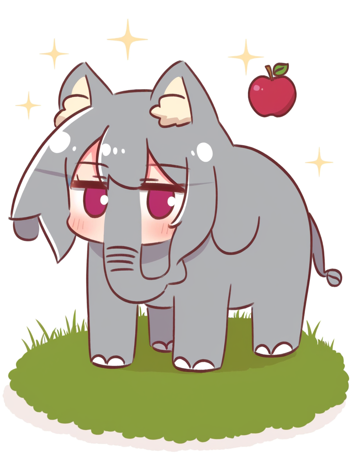 <lora:kemomimi_xl_lion:1>kemomimi, animalization, solo, sparkle, white background, apple, food, fruit, blush, simple background, full body, looking at viewer, red apple, grass, elephant, standing, grey hair, Kemomimi personating as an elephant.