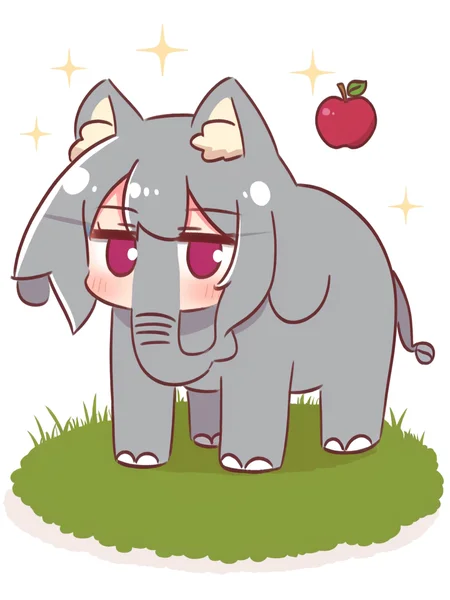 <lora:kemomimi_xl_lion:1>kemomimi, animalization, solo, sparkle, white background, apple, food, fruit, blush, simple background, full body, looking at viewer, red apple, grass, elephant, standing, grey hair, Kemomimi personating as an elephant.