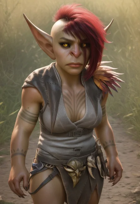 1girl, female goblin, green skin, red hair, short hair, side cut, hair over left eye, pointy ears, yellow eyes (black sclera), goblin ears, tattooed, sharp fingernails, grey rags, feathers on left shoulder shortstack, short stack, realistic, score_8_up, score_7_up, BREAK, 1girl, solo, closeup, frown