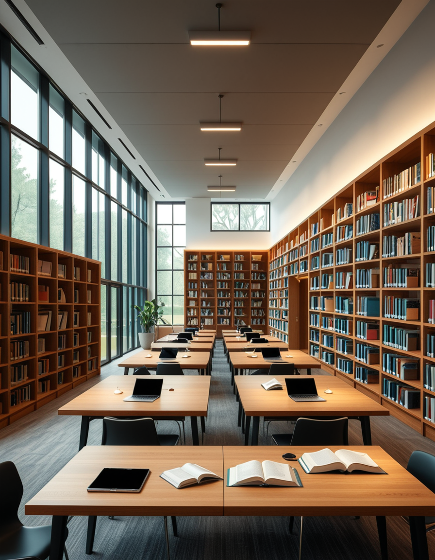 A high-resolution, ultra-realistic photograph of a modern college library interior. The scene showcases a spacious, open-plan design with large floor-to-ceiling windows allowing natural daylight to flood the space. The architectural style is contemporary, featuring minimalist furniture with clean lines: sleek wooden tables, ergonomic chairs in neutral tones (gray and beige), and built-in bookshelves made of light oak wood.
In the foreground, a group of diverse students (varied ethnicities and genders) are quietly studying, some using laptops, others reading books, with focused, calm expressions. One student is sipping coffee from a reusable cup.
The background displays rows of neatly organized books, indoor plants adding a touch of greenery, and modern pendant lights hanging from the ceiling, providing warm, ambient lighting. The floor is covered with soft gray carpet, and large abstract paintings decorate the walls, contributing to a cozy and intellectual atmosphere.
The overall mood is peaceful, studious, and inspiring, with balanced natural and artificial lighting, crisp details, and realistic textures, captured as if by a professional architectural photographer using a full-frame camera.
 <lora:SDXLFaeTastic2400:0.4> <lora:extremely_detailed:0.4> extremely detailed,<lora:modern_c0ll3g3_l1br4ry:1>,modern c0ll3g3 l1br4ry, Masterpiece,best quality,hi res,8k,hi res,8k,award winning,(sharp focus, intricate, highly detailed),