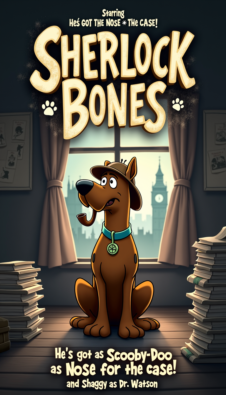 A parody movie poster with the printed title: **"Sherlock Bones"** in bold, detective-style font with a magnifying glass incorporated into the lettering. A Sherlock Holmes parody poster, featuring a cartoon dog detective with a deerstalker hat and a bone-shaped pipe, sitting in a dimly lit room surrounded by stacks of books and papers, with a questioning expression on his face. In the background, a foggy London street scene can be seen through the window. The movie title is in a grungy, distressed font, with a muted color palette of browns and grays.
In the bottom corner of the poster, there's a tagline that reads "He's got the nose for the case!" with a paw print replacing the word "nose." The poster also features the names of the main actors, a famous and funny duo: "Starring Scooby-Doo as Sherlock Bones and Shaggy as Dr. Watson."
The funny part of the poster is the depiction of the typically human character of Sherlock Holmes as a dog, and the use of puns such as "he's got the nose for the case" and the casting of Scooby-Doo and Shaggy as the main characters. The poster effectively combines elements of the classic detective genre with the light-hearted and humorous tone of a cartoon.