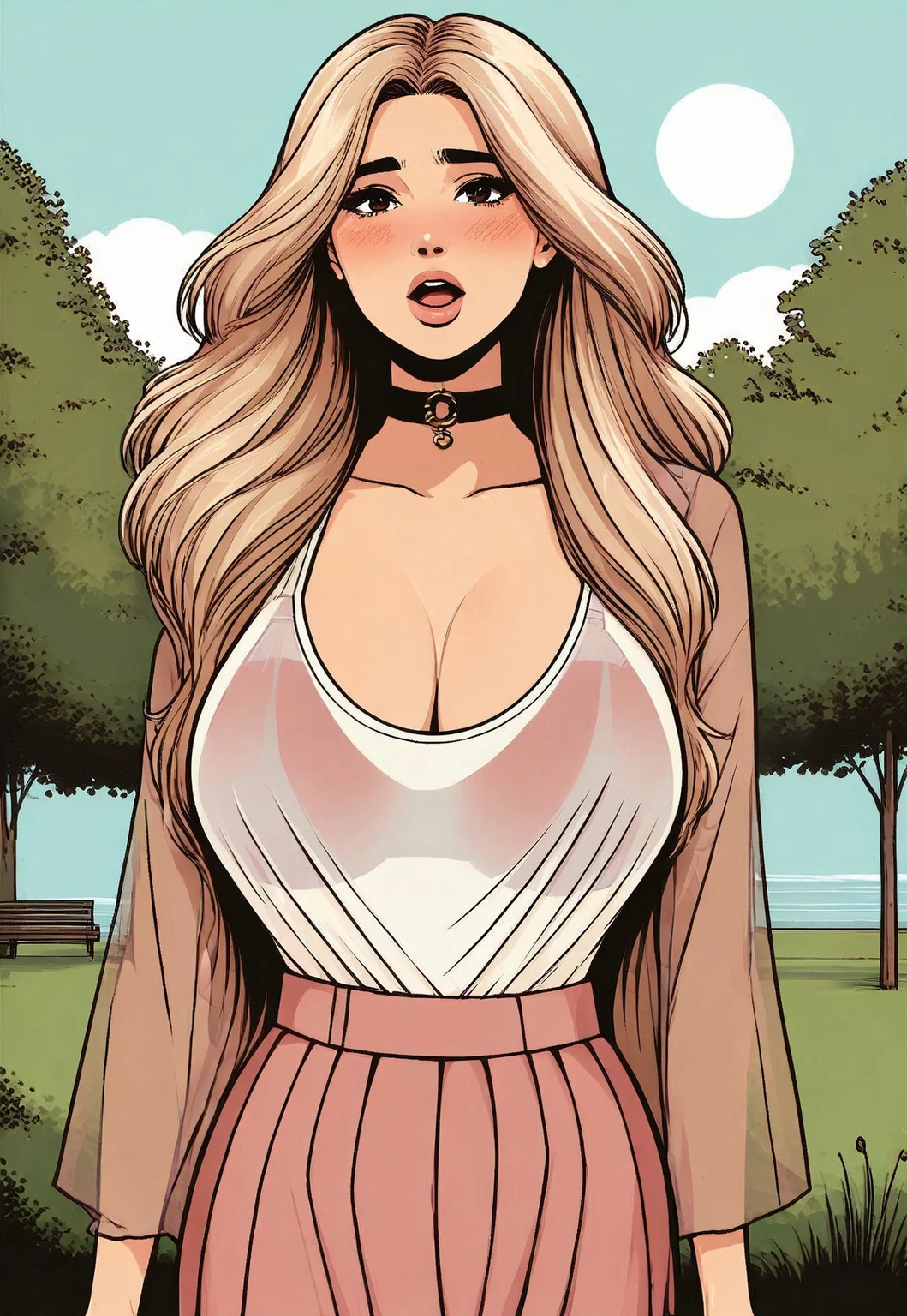 safe_pos, score_9, 1girl, flat comic, huge breasts, light brown hair, brown eyes, long hair, breasts, shirt, skirt, pink skirt, choker, bra visible through clothes, see-through, Narrow shoulders, looking at viewer, outdoors, blush, open mouth