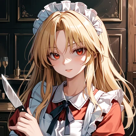 score_9_up, score_8_up, score_7_up, BREAK source_anime, (masterpiece), (best quality), 1girl, yumeko (touhou), blonde hair, red dress, apron, long hair, knife, maid, maid headdress, holding knife, hands, looking at viewer, upper body, (ultra detailed), <lora:Yumeko_touhou(PC-98)-V1:1>