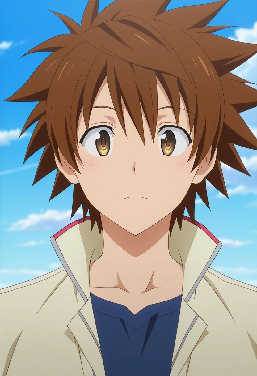 masterpiece, best quality, , anime screencap, anime coloring, official style, , 1boy, solo, male focus, <lora:rito_yuuki_ilxl:0.96>, rito_yuuki, brown hair, brown eyes, spiked hair, ,