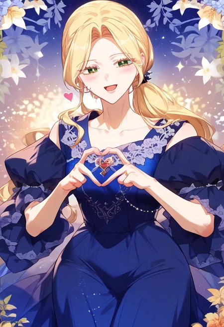safe_pos, zPDXL3, score_9_up, score_8_up, score_7_up, (Anime_source), 4-finger heart hands, heart hands, closed eyes, open mouth, happy, cowboy shot, looking at viewer, blush, AriaRoscente, green eyes, half closed eyes, seductive smile, blonde hair, long hair, blue dress, low ponytail
