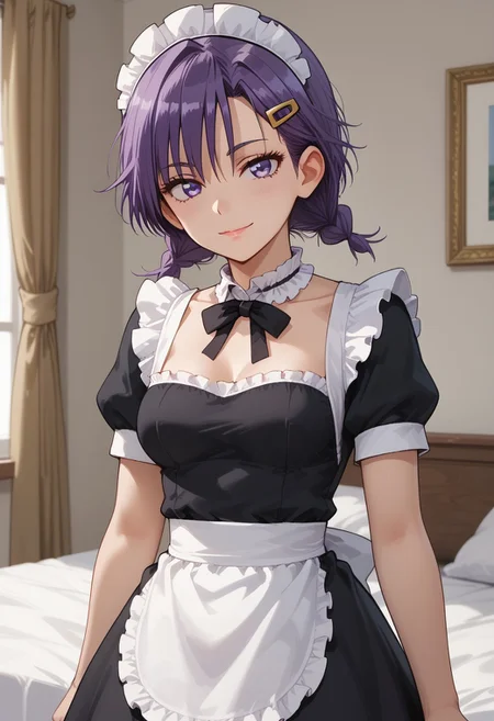 score_9, score_8_up, score_7_up, score_6_up, (1girl ), (solo),
BREAK,
HDA_MasterpieceXL_v.1,
BREAK
1girl: <lora:Asumi_Kominami BWBGD-V1>,asumi kominami,
Shoulder-length hair,bangs, purple eyes, purple hair,loose hair,(without bangs),smile,
medium breasts.
BREAK
half body,maid, maid dress, enmaided, maid headdress, 
neck ribbon, frilled choker, black dress, 
white apron, puffy short sleeves, black thighhighs, light,mini skirt